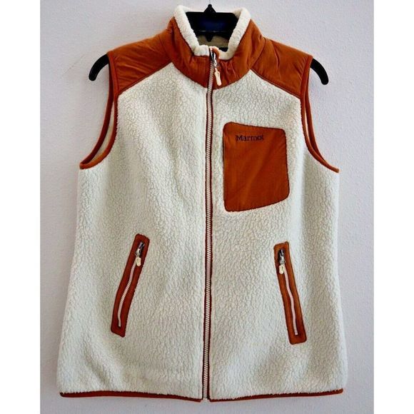Marmot K89340 Women's Sz M Cream/Brown Polartec Wiley Fleece Full Zip Vest $100 - Picture 1 of 8